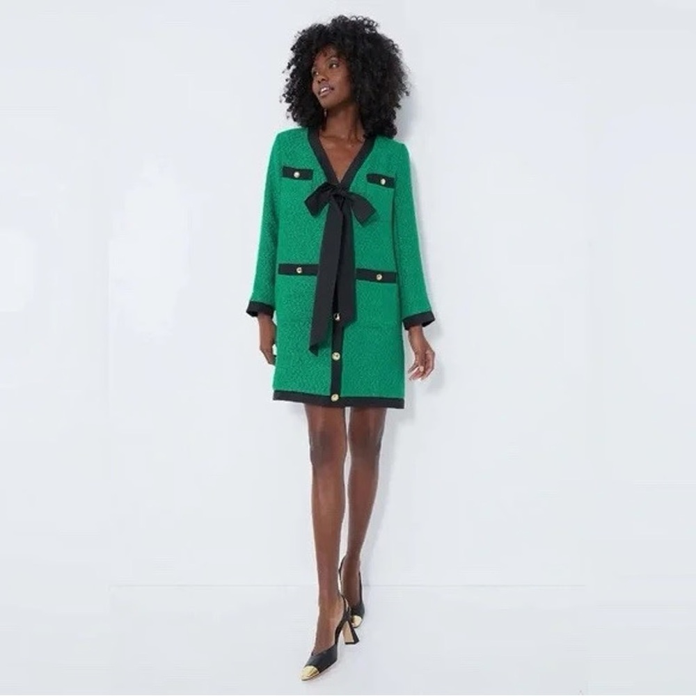 Pomander Place Emerald Tweed Dress with Black Trim